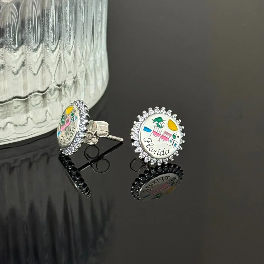 Florida Beach Bling Earrings S925 Sterling Silver Handmade Ear Stud - Picture 2 of 4